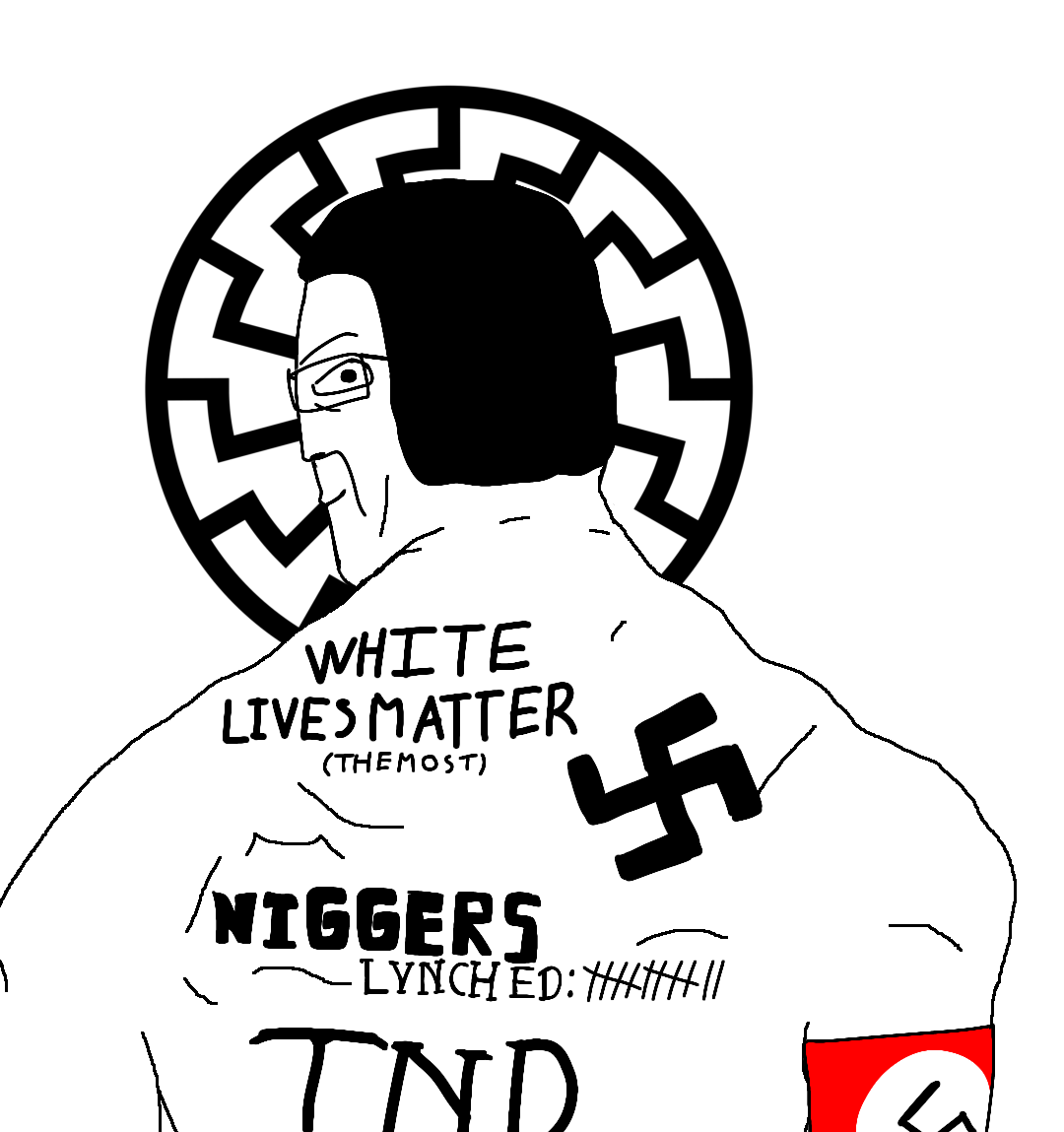 chudjak, 1soyjak, armband, back view, black eyes, black hair, buff, closed mouth, glasses, hair