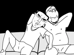 chudjak, feraljak, gapejak, impish soyak ears, two pointing soyjaks, chudjak front, wholesome soyjak, animated, animation meme, closed eyes