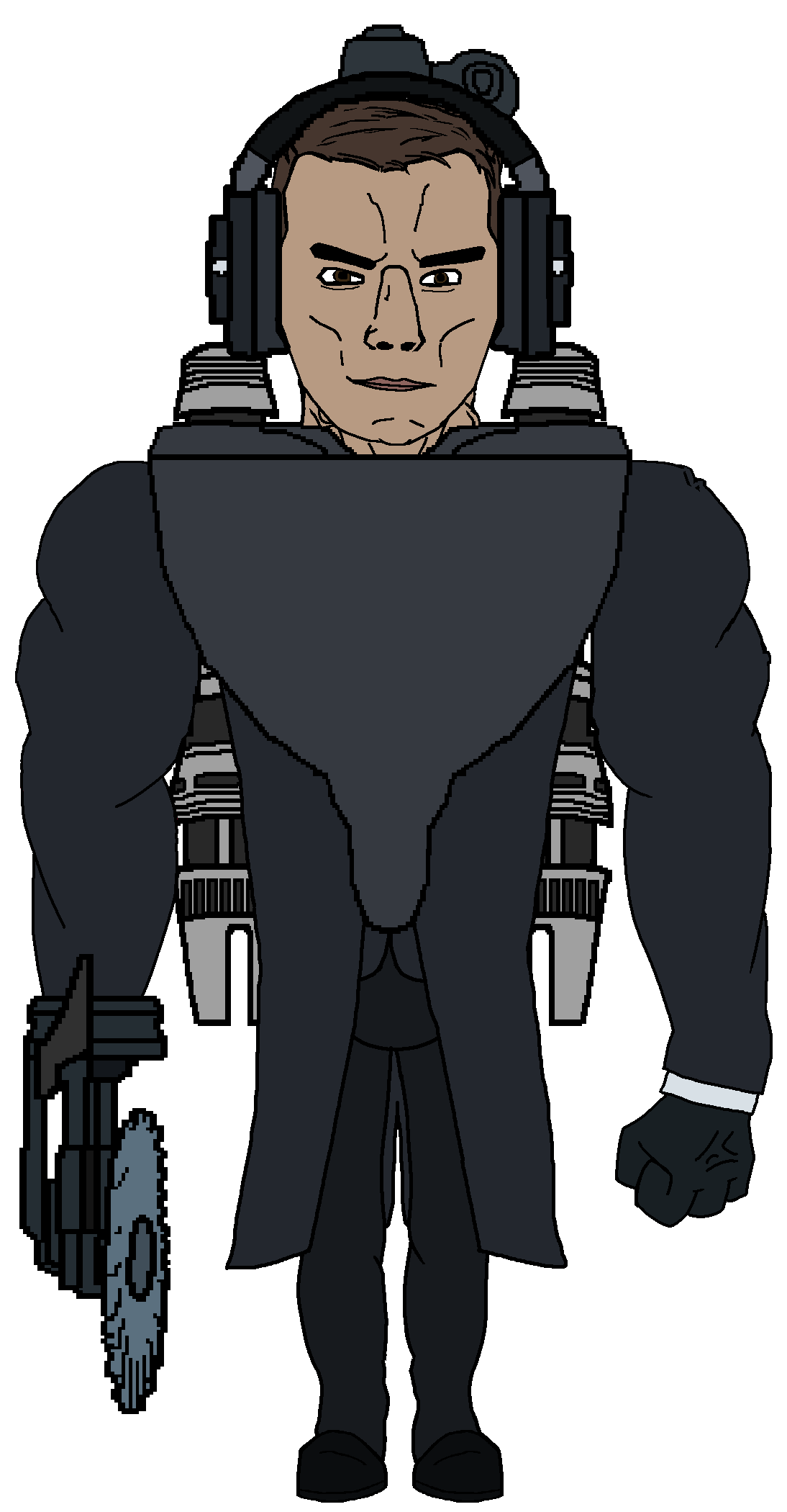 chudjak, chudjak front, muscular chud, brown eyes, brown hair, buzzsaw, buzzsaw mutant toilet, full body, hair, headphones