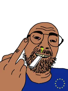 daedaluson, euromutt, bloodshot eyes, brown skin, middle finger, smile