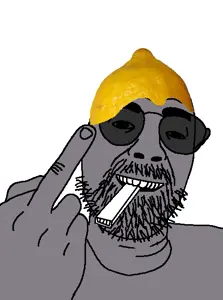daedaluson, food, fruit, glasses, gray skin, hands, lemon, middle finger, mustache, stubble