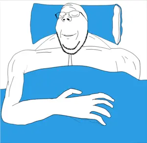 gapejak, wholesome soyjak, animated, arm, blanket, blue, buff, closed eyes, glasses, hands