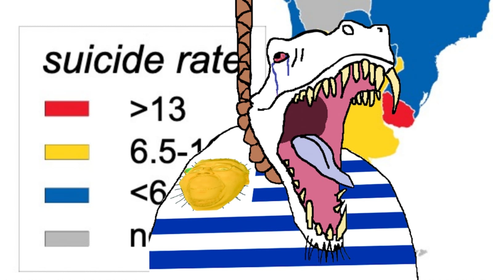 dinosaurjak, gapejak, wholesome soyjak, animal, bloodshot eyes, crying, dinosaur, flag, hanging, map