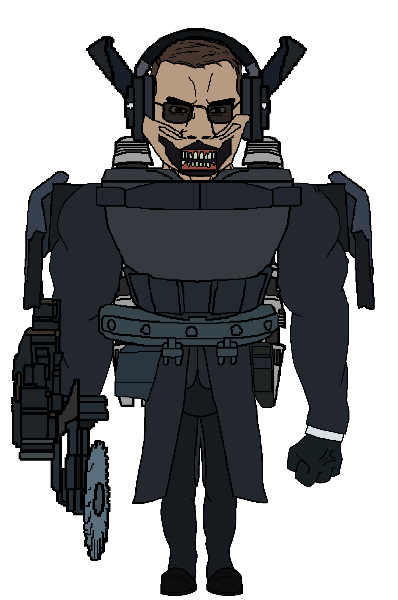 chudjak, chudjak front, muscular chud, g-squad, armor, brown eyes, brown hair, buzzsaw, buzzsaw mutant toilet, full body