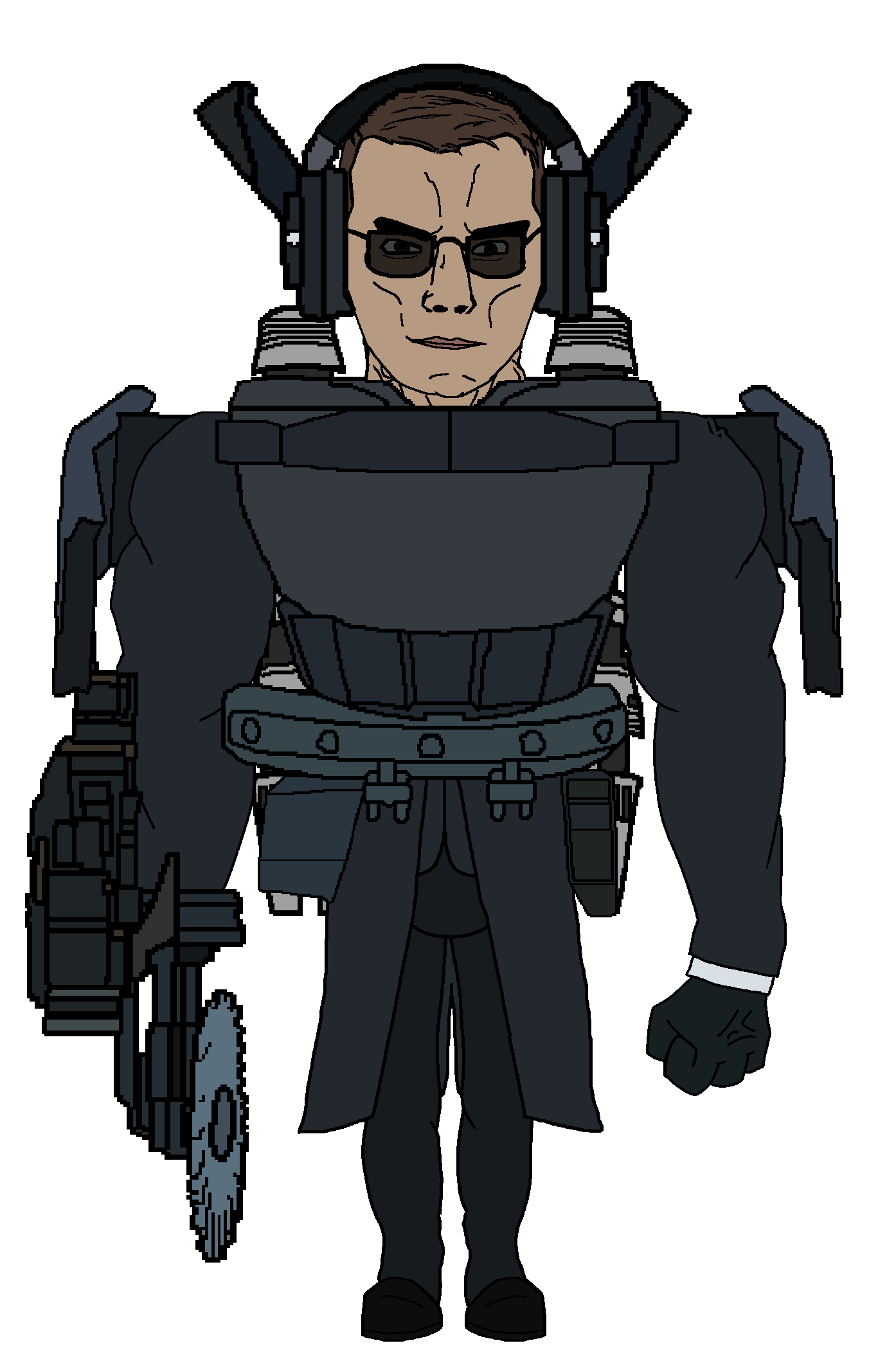 chudjak, chudjak front, muscular chud, g-squad, armor, brown eyes, brown hair, buzzsaw, buzzsaw mutant toilet, full body