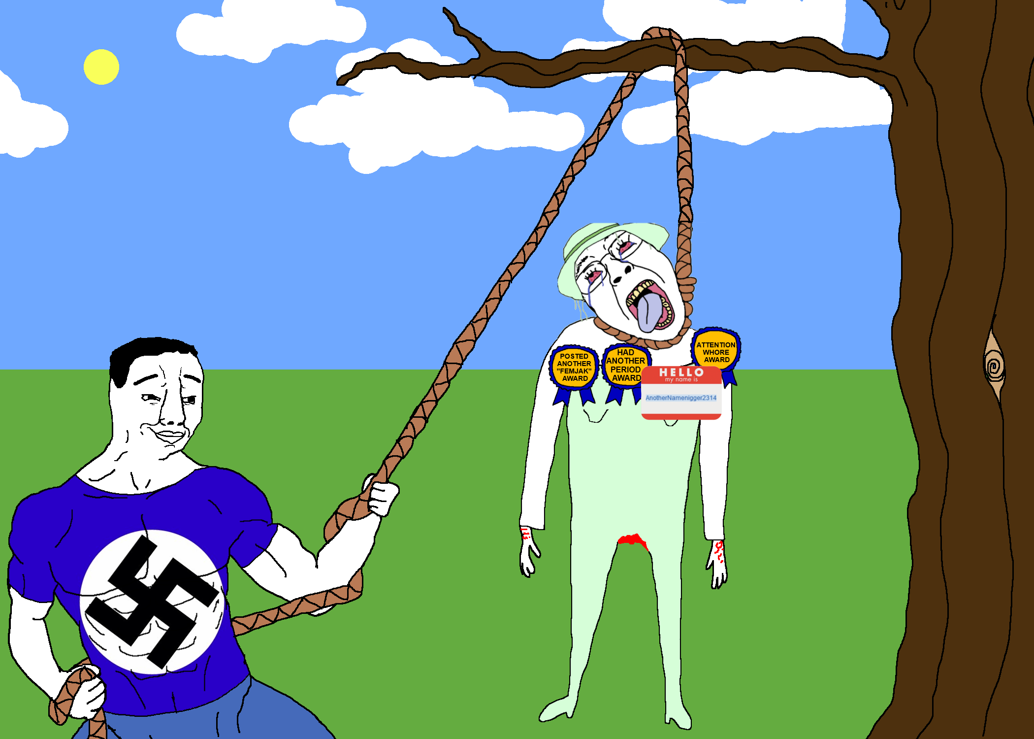 miss crystal, bernd, chudjak, ack, award, blood, bloodshot eyes, blue shirt, chud, closed mouth