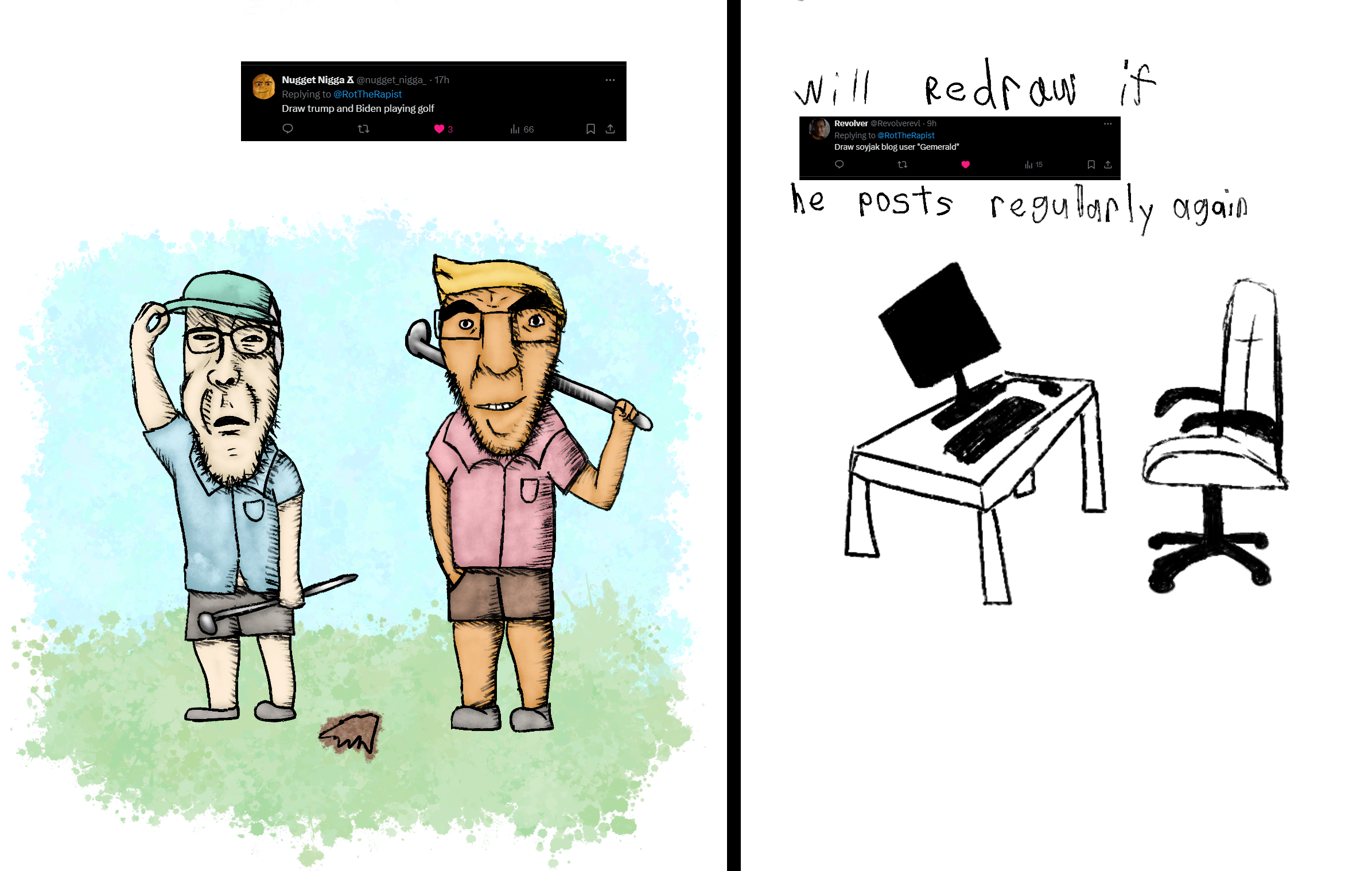 donald trump, cobbert, godjak, 2soyjaks, arm, art, blonde hair, cap, chair, clothes