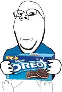 gapejak, wholesome soyjak, blue shirt, box, cookie, holding object, oreo, sitting