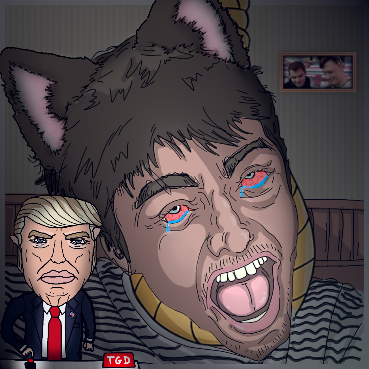 donald trump, groyper, pepe, chudjak, pol face, arm, blonde hair, bloodshot eyes, blue eyes, cat ears