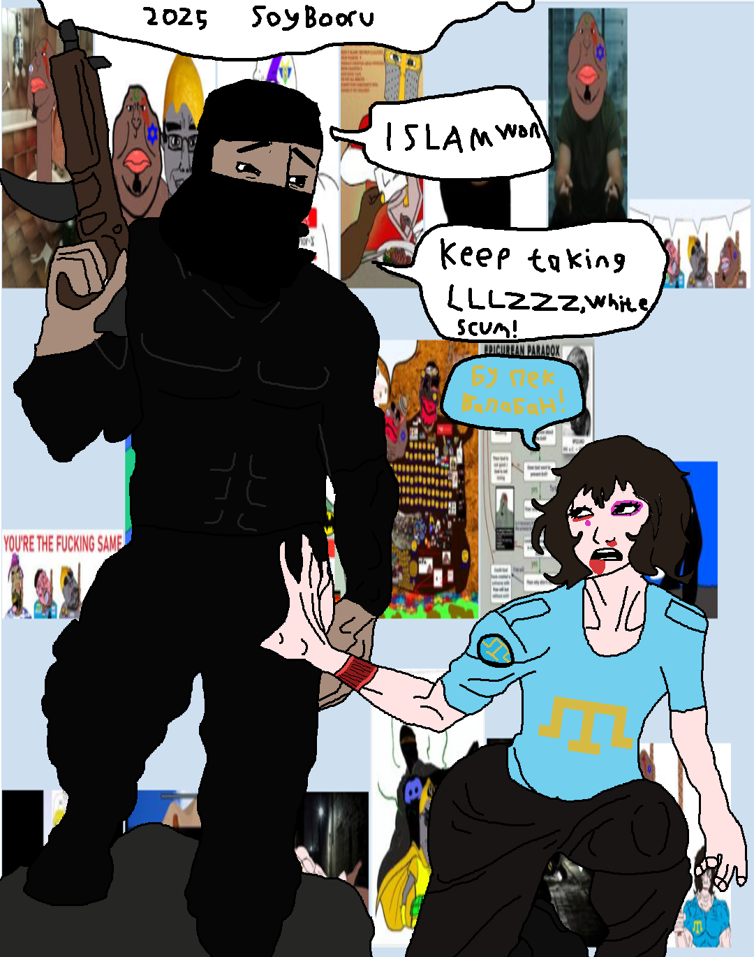 wojak, chudjak, 2025, balaclava, beaten, beaten wife, blood, bmc, brown hair, brown skin
