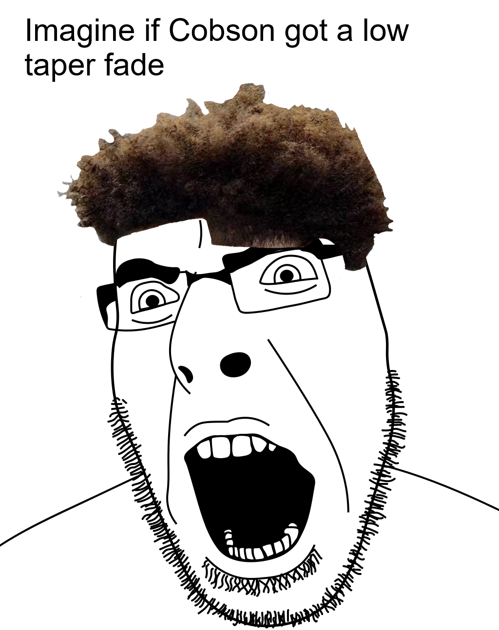cobson, 1soyjak, brown hair, front view, glasses, hair, looking at you, low taper fade, open eyes, open mouth