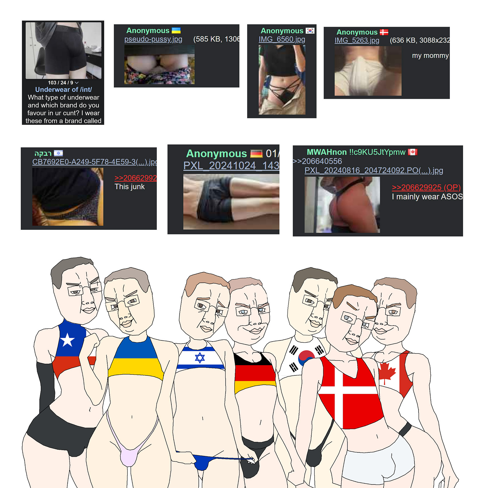 chudjak, /int/, 4chan, brown hair, bulge, canada, chile, closed mouth, denmark, femboy