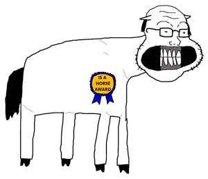 soyak, animal, animal ears, award, full body, glasses, horse, not a horse, stubble, teeth