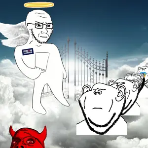 gapejak, impish soyak ears, soyak, hornyimp, soyak (irritated), wholesome soyjak, angel, baby, closed eyes, cloud