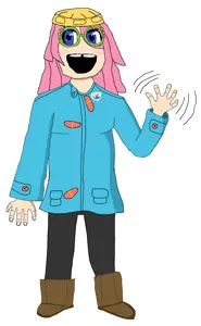 soytan, boot, clothes, female, glasses, hair, hands, open mouth, pink hair, shoe