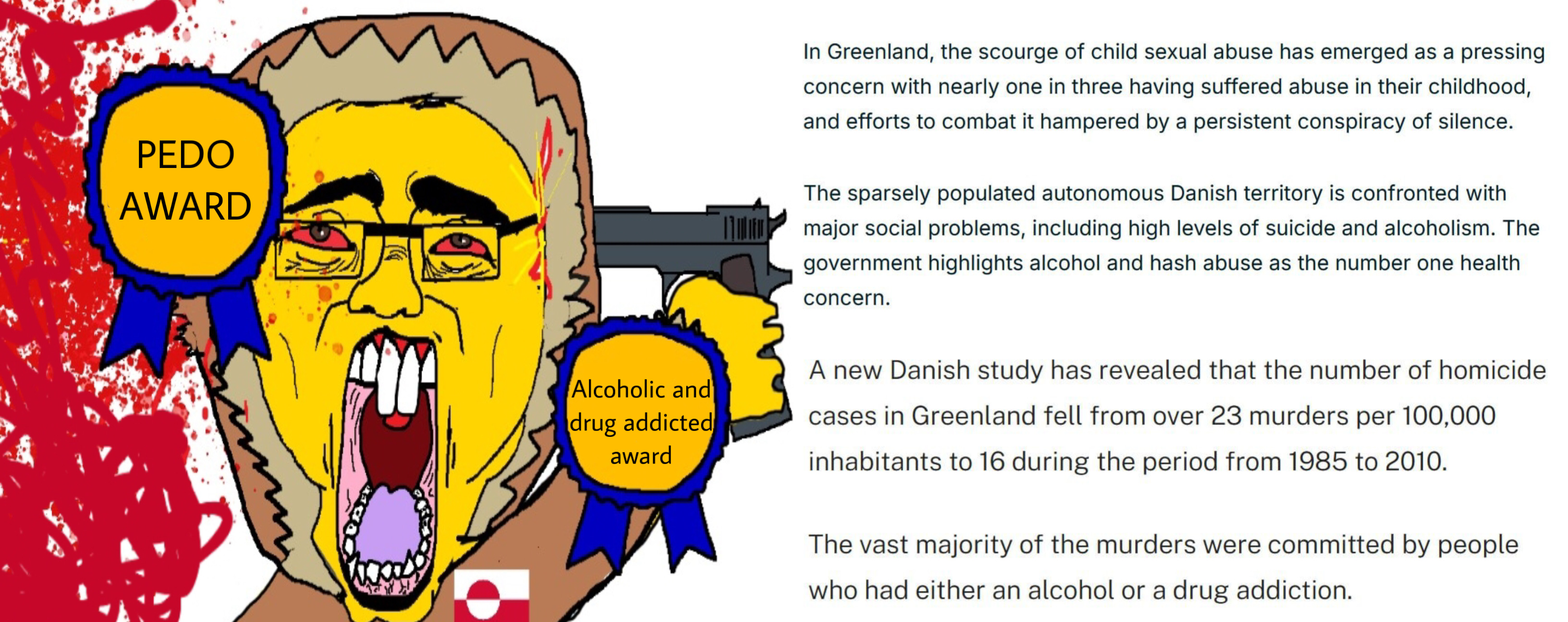 chudjak, ack, alcoholic and drug addicted award, award, bloodshot eyes, glasses, greenland, gun, hanging, holding gun