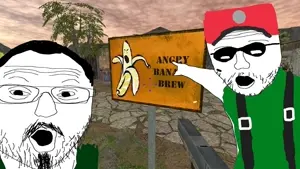 two pointing soyjaks, 2soyjaks, arm, banana, brigand oaxaca, clothes, food, fruit, glasses, gun