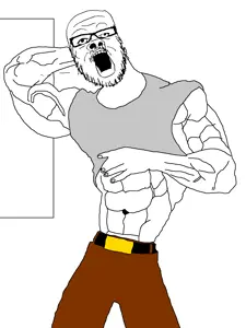 scout (team fortress 2), a24 slowburn soyjak, antialiased, belly, belly button, belt buckle, brown pants, buff, gray shirt, mge