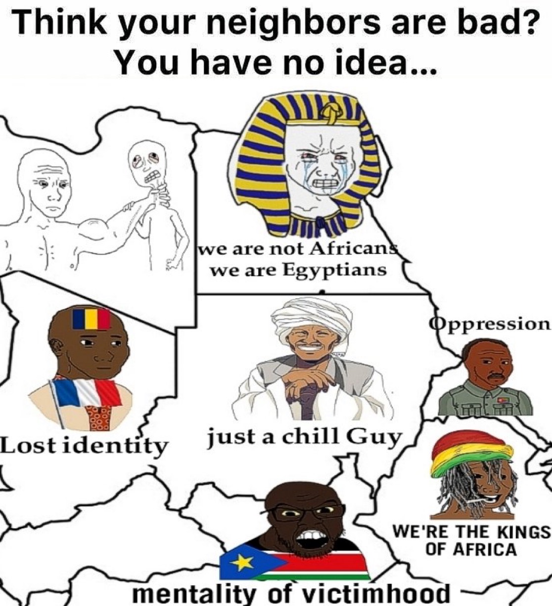 wojak, feraljak, africa, arm, black skin, bloodshot eyes, brown skin, buff, central african republic, chad (country)