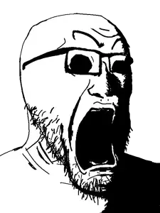 darkiplier, 1soyjak, bald, black eyes, creepy, eyebrows, glasses, monochrome, open mouth, portrait