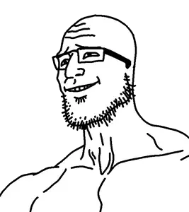 gigson, buff, cleavage, closed mouth, glasses, smile, soyjak, stubble, transparent background