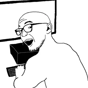 zoomer on computer, arm, computer, ear, glasses, hands, open mouth, screen, smug, soyjak