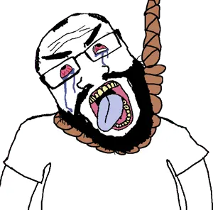 markiplier soyjak, science lover, ack, beard, bloodshot eyes, crying, hanging, rope, tongue, yellow teeth