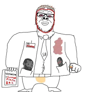 dr. soyberg, gigachad, wojak, a24 slowburn soyjak, blood, bloodshot eyes, brown hair, chad, clipboard, closed mouth