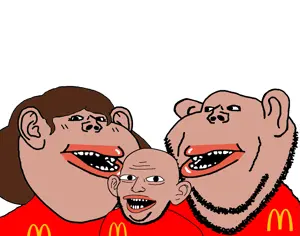 impish soyak ears, muttjak, amerimutt, femjak, 3soyjaks, female, mcdonalds, open mouth, soyjak, stubble