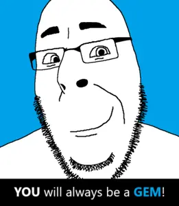 cobson, wholesome cobson, closed mouth, gem, glasses, hair, smile, soyjak, stubble, text