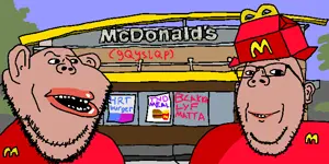gapejak, impish soyak ears, impish amerimutt, amerimutt, 2soyjaks, bald, brown skin, clothes, cosplay, drawn background