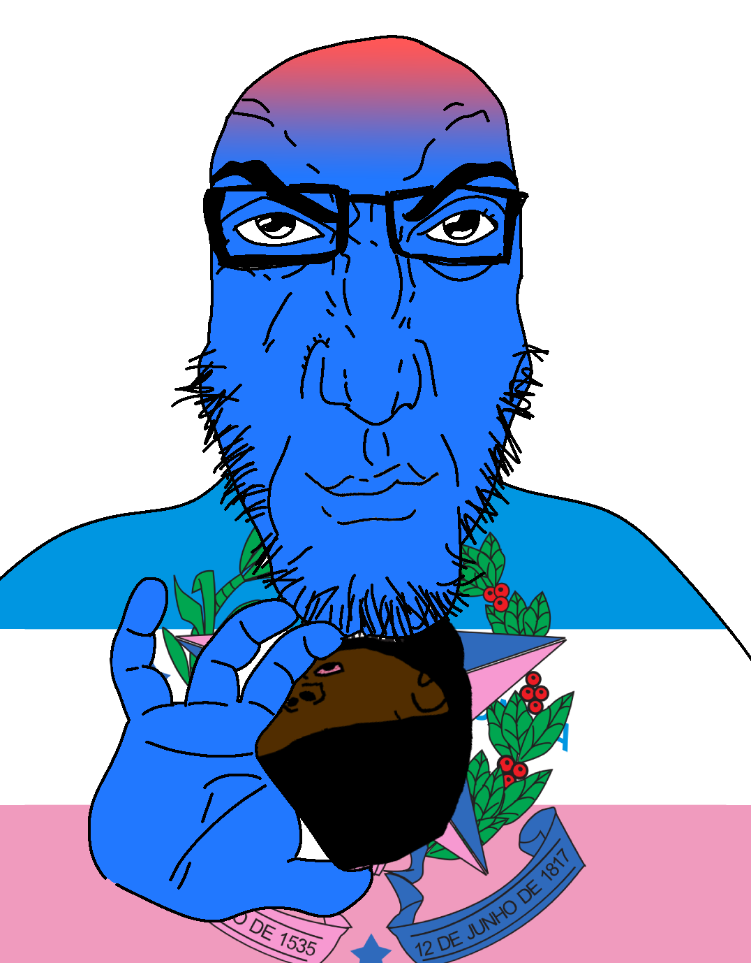 markiplier soyjak, science lover, punisher face, angry, arm, black eye, black text, bloodshot eyes, blue skin, blue text