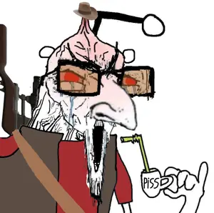 sniper (team fortress 2), soyak, cupboy, angry, bloodshot eyes, clothes, drinking, drinking straw, gun, hat