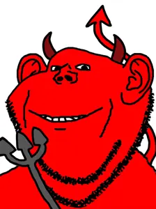 impish soyak ears, demon, ear, horns, pitchfork, red skin, smile, soyjak, stubble, tail