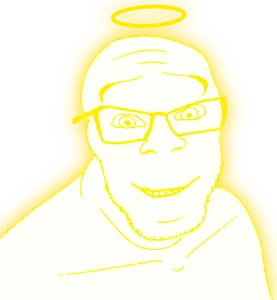 feraljak, angel, glasses, glowing, halo, smile, soyjak, teeth, transparent background, yellow