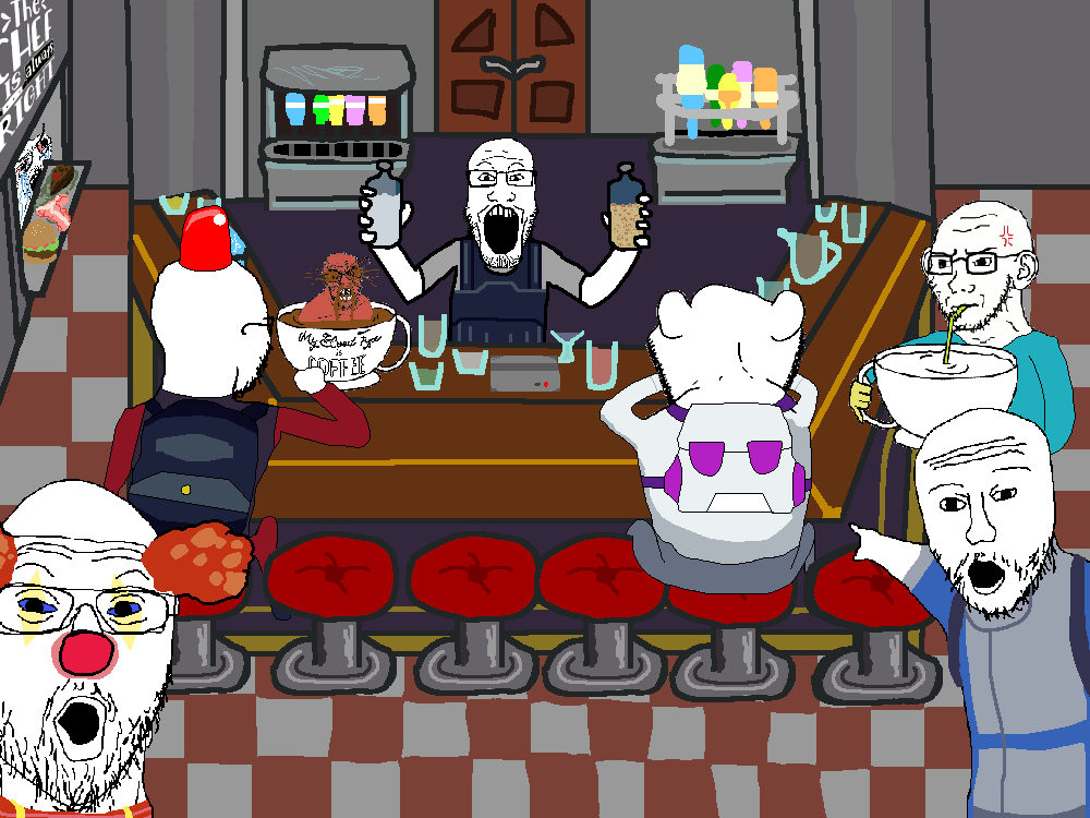 feraljak, impish soyak ears, markiplier soyjak, soyak, two pointing soyjaks, feralrage, angry, arm, back, backpack