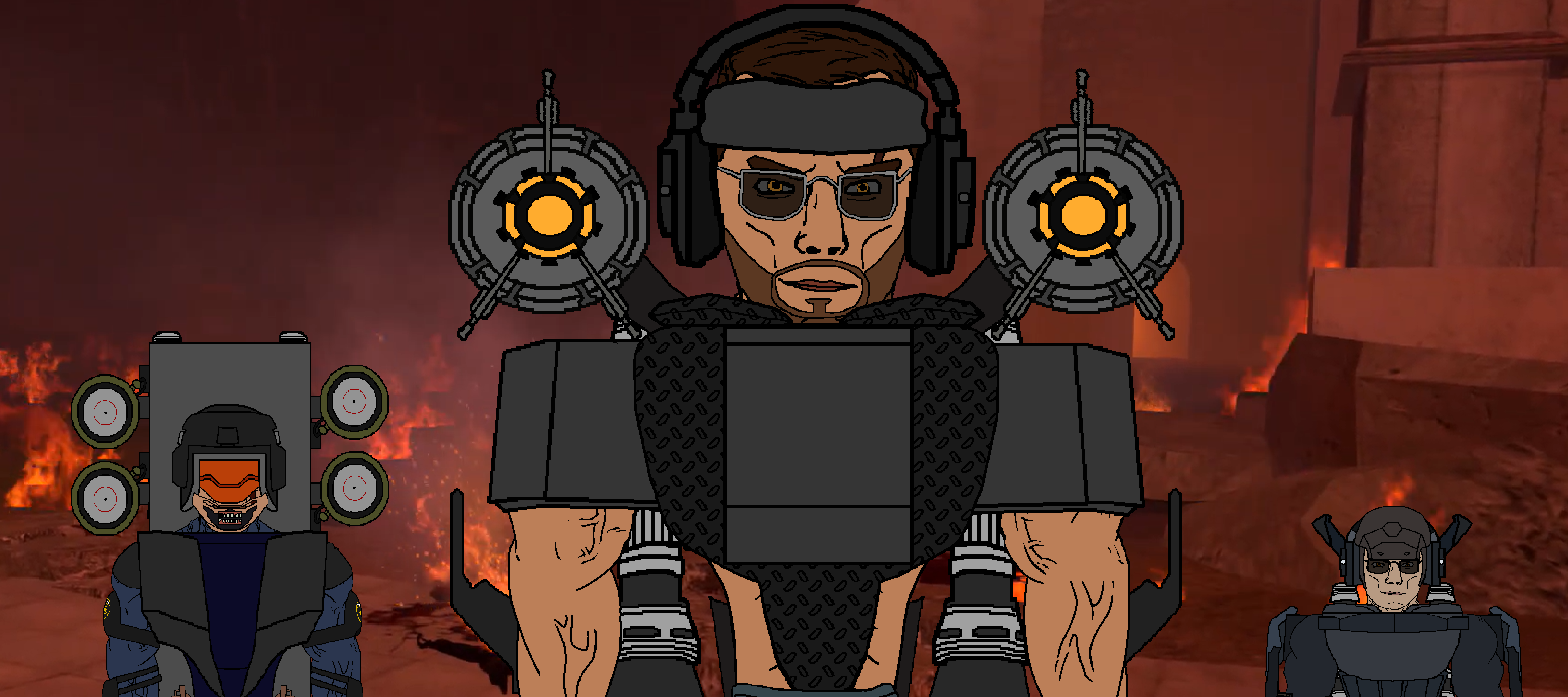 chudjak, chudjak front, muscular chud, g-squad, arm, armor, beard, beserker mutant skibidi toilet, brown hair, buff