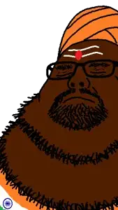 neckbeardjak, bald, bindi, brown skin, closed eyes, closed mouth, clothes, fat, glasses, hat