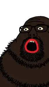 neckbeardjak, black skin, glasses, lips, neckbeard, nigger, open mouth, red lips, yellow sclera, yellow teeth
