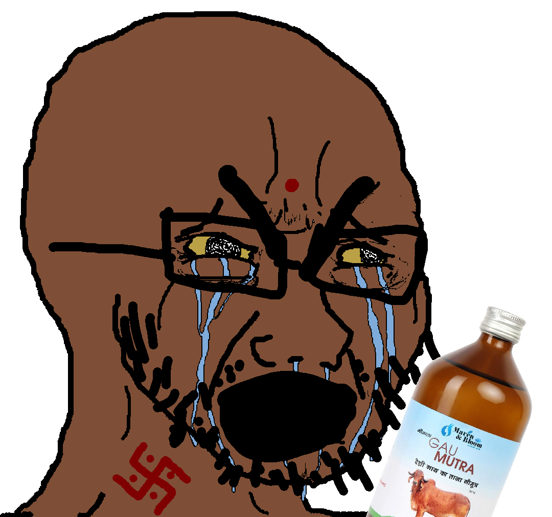 cryboy soyjak, bindi, bloodshot eyes, bottle, brown skin, bushy eyebrows, cow piss, cow urine, crying, glasses