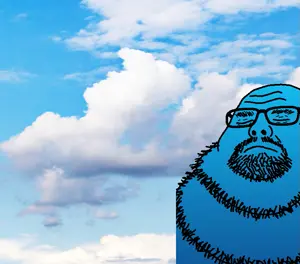 neckbeardjak, bald, blue skin, calm, closed eyes, closed mouth, cloud, fat, glasses, neckbeard