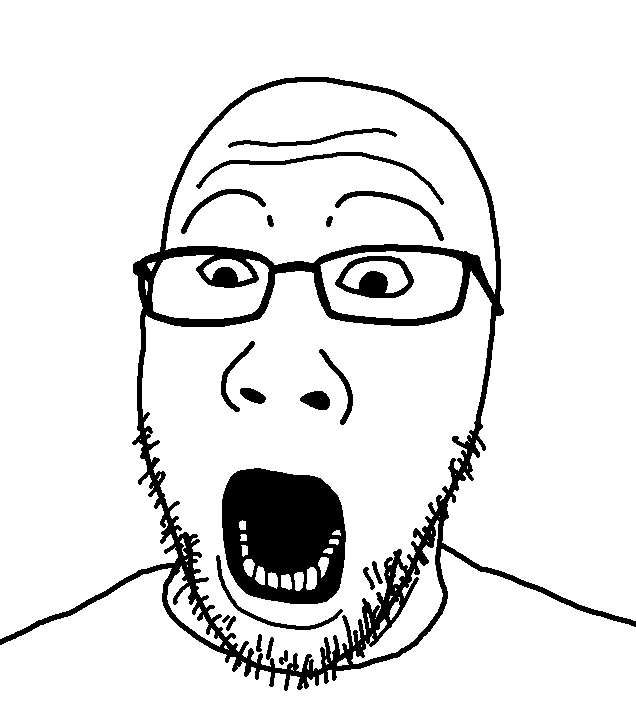 markiplier soyjak, biteplier, 1soyjak, bald, forehead lines, forehead mark, front view, glasses, looking to the left, open eyes