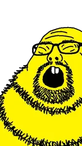 neckbeardjak, asian, bald, buck teeth, closed eyes, fat, glasses, neckbeard, open mouth, scared