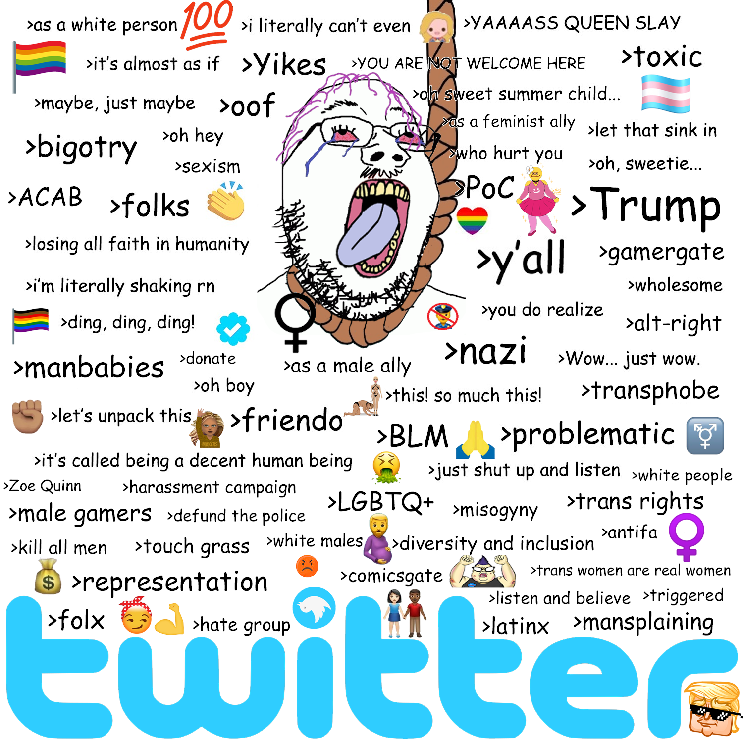 donald trump, gapejak, animal, antifa, arm, bird, bloodshot eyes, buzzwords, closed mouth, clothes