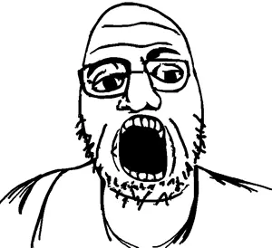 ilfjak, bald, glasses, looking at you, monochrome, open mouth, portrait, soyjak, stubble, uncolored skin