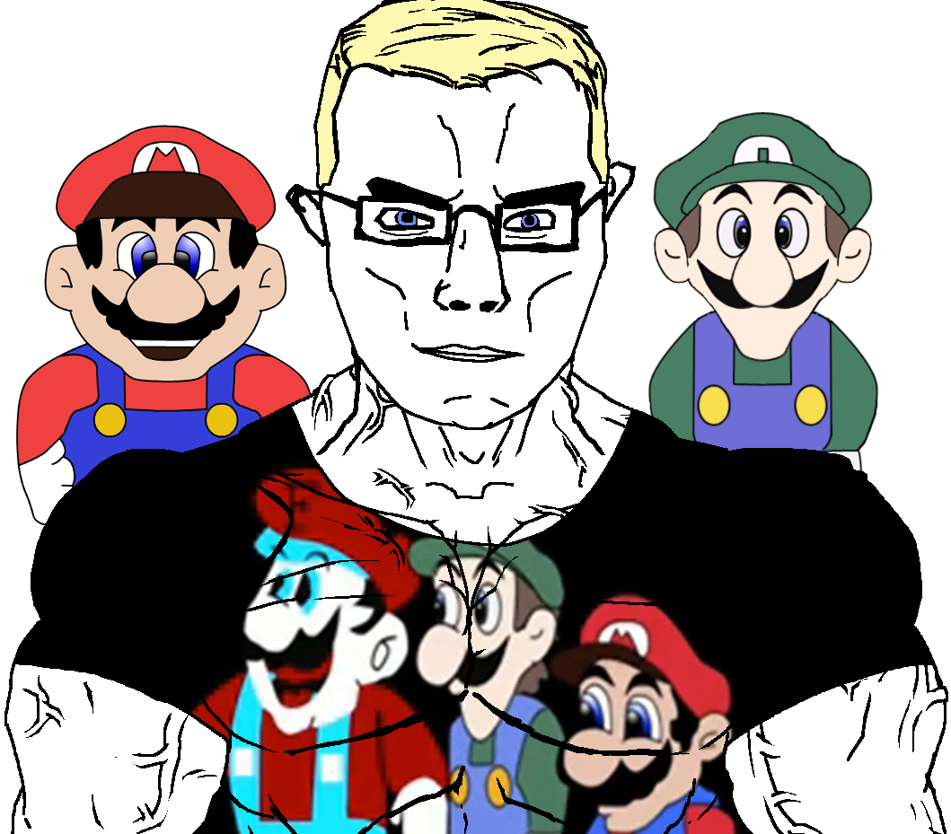 luigi, mario, weegee, chudjak, chudjak front, muscular chud, black shirt, blonde hair, buff, cap