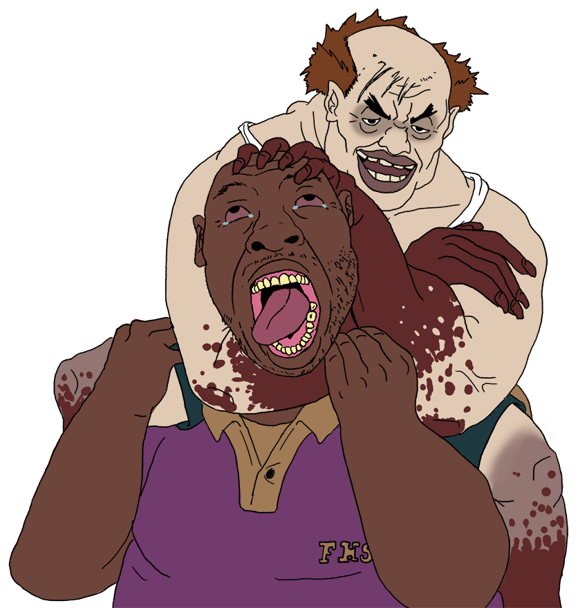 coach (left 4 dead), jockey (left 4 dead), bernd, the weak should fear the strong, 2soyjaks, black skin, blood, bloodshot eyes, brown hair, choke hold